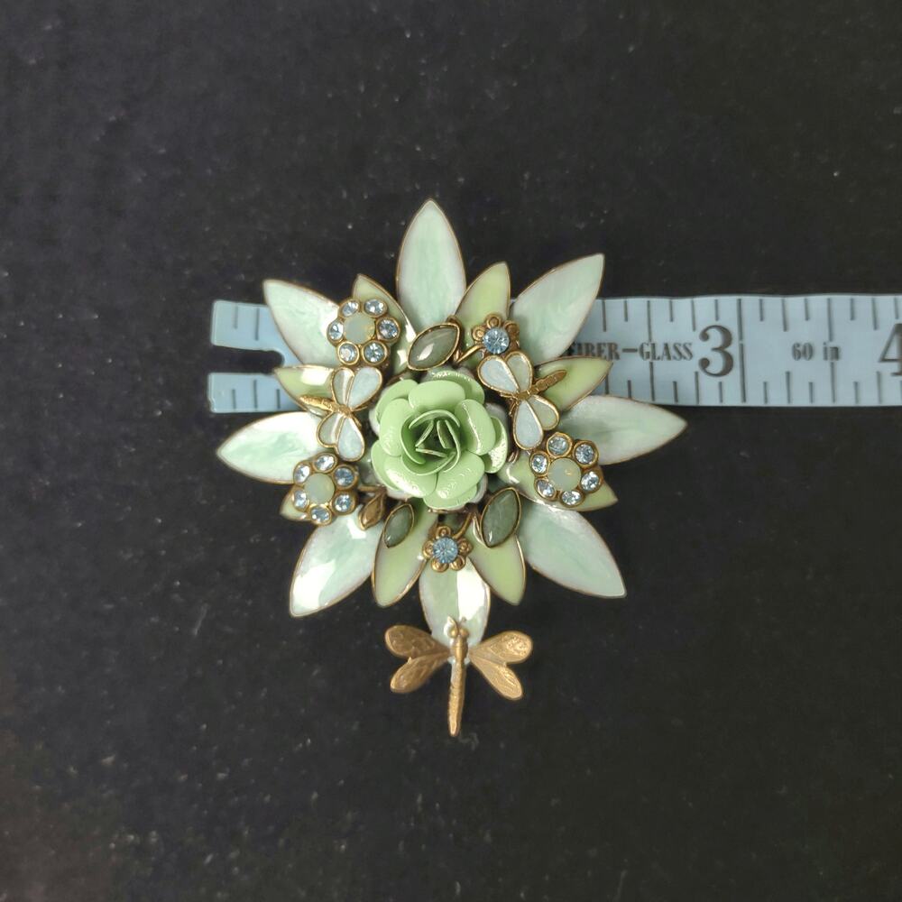 Floral & Dragonfly Brooch Enamel Encrusted Rhinestones Green Blue Flower Bee Pin - Picture 9 of 11
